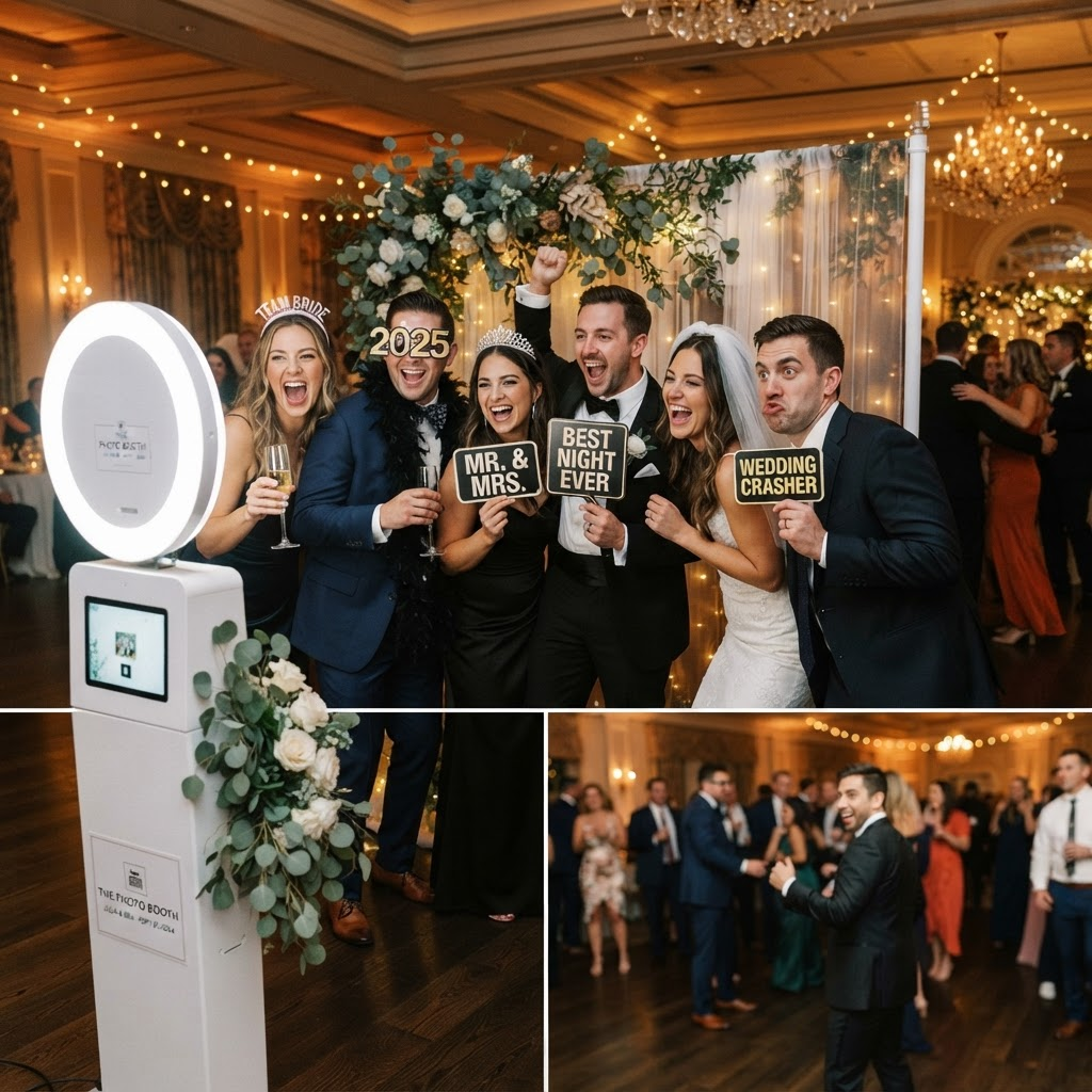 Hostia sa zabávajú pri prémiovej fotobúdke na svadbe